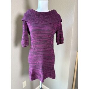 Mudd Womens Purple Black Space Dye Knit Mini Sweater Dress Off Shoulder L